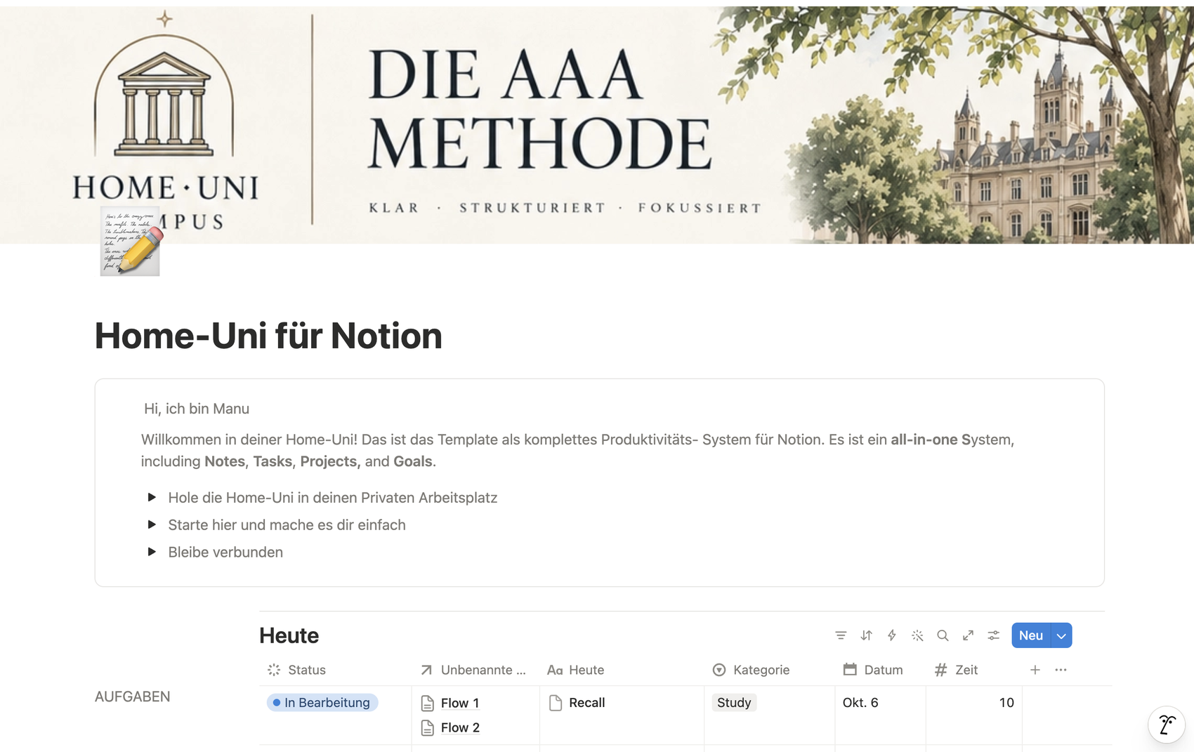 Die Startseite des Notion-Systems: oben das Banner der AAA-Methode, darunter die Begrüßung und die Ansicht Heute mit Aufgaben, Kategorie, Datum und Zeit.